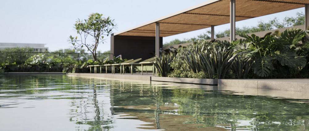 Piscina, spa molhado e espaço de estar
